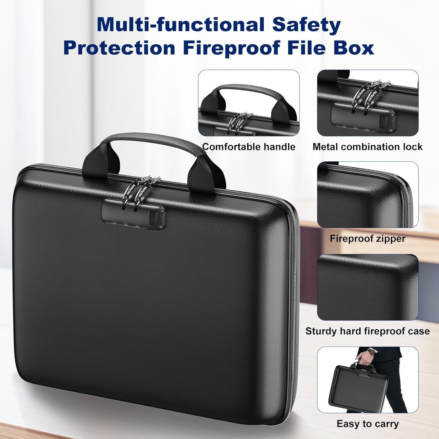 Fireproof Document Box Hard Case Fireproof File Organizer with Lock 13 Pocket