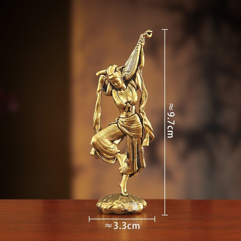 Brass Pipa Fairy Statue 9.7cm Flying Goddess Ornament Retro Copper Craft Gift