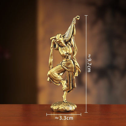 Brass Pipa Fairy Statue 9.7cm Flying Goddess Ornament Retro Copper Craft Gift