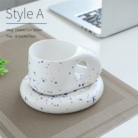 Nordic Klein Blue Coffee Mug with Fat Big Handle Ceramic Cup with Saucer