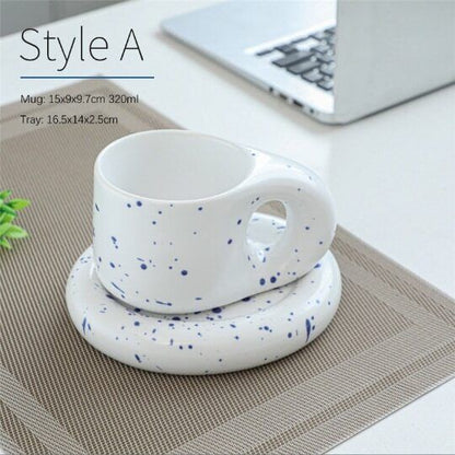 Nordic Klein Blue Coffee Mug with Fat Big Handle Ceramic Cup with Saucer