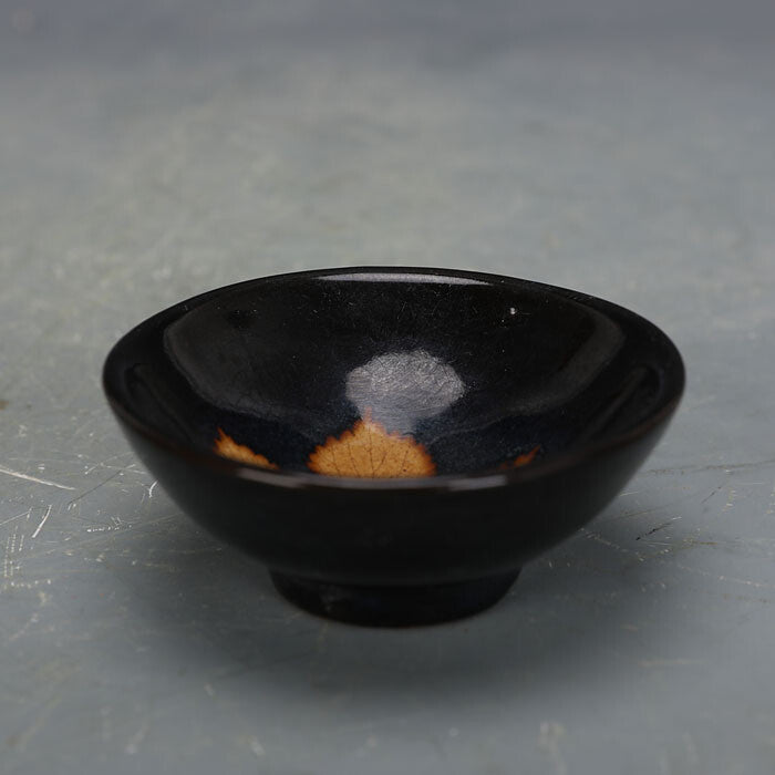 3.35 inch Chinese Song Jizhou Kiln Porcelain Black Glaze Maple Leaves Teacup Cup