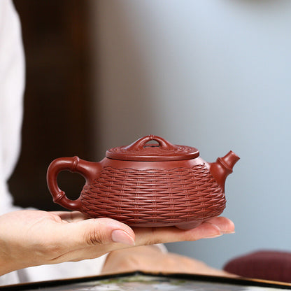 China Yixing Zisha Pottery Clovershrub Clay Handmade 220cc Bamboo Grain Teapot