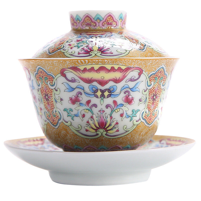 Antique Style Color Enamel Porcelain Gaiwan Handpainted Ceramic Tureen Cup Bowl