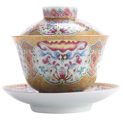 Antique Style Color Enamel Porcelain Gaiwan Handpainted Ceramic Tureen Cup Bowl