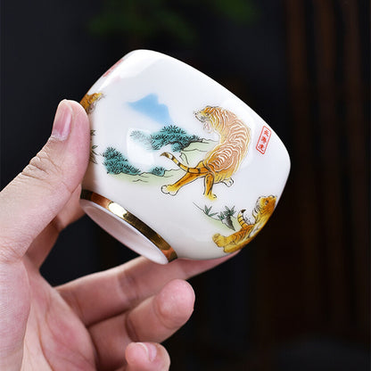 3.38" Mutton Jade Porcelain Tea Cup Mascot Tiger Print Under Glaze Master Cup