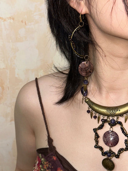 Botang Vintage Shell Purple Stone Necklace Aged Bronze Retro Choker Jewelry