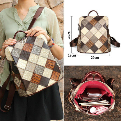 Retro Backpack Genuine Leather Shoulder Bags 12" Travel Bag Patchwork Multicolor