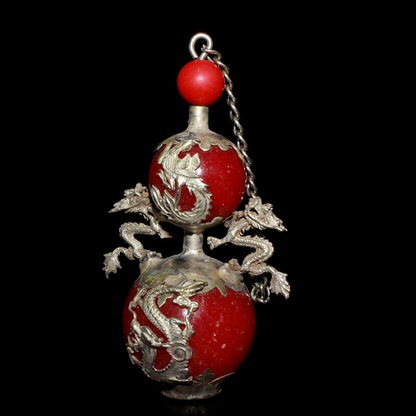 Chinese Old tibet silver inlay red turquoise handwork gourd snuff bottle
