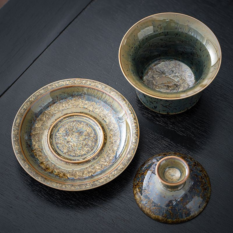 Golden Fleck Kiln Change Gaiwan 11.8cm 175ml Tea Dust Glaze Ceramic Tea Bowl