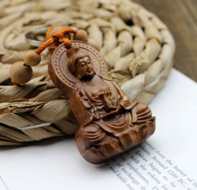 New Wood Carving Guan Kwan Yin Buddha Statue Pendant Key Chain