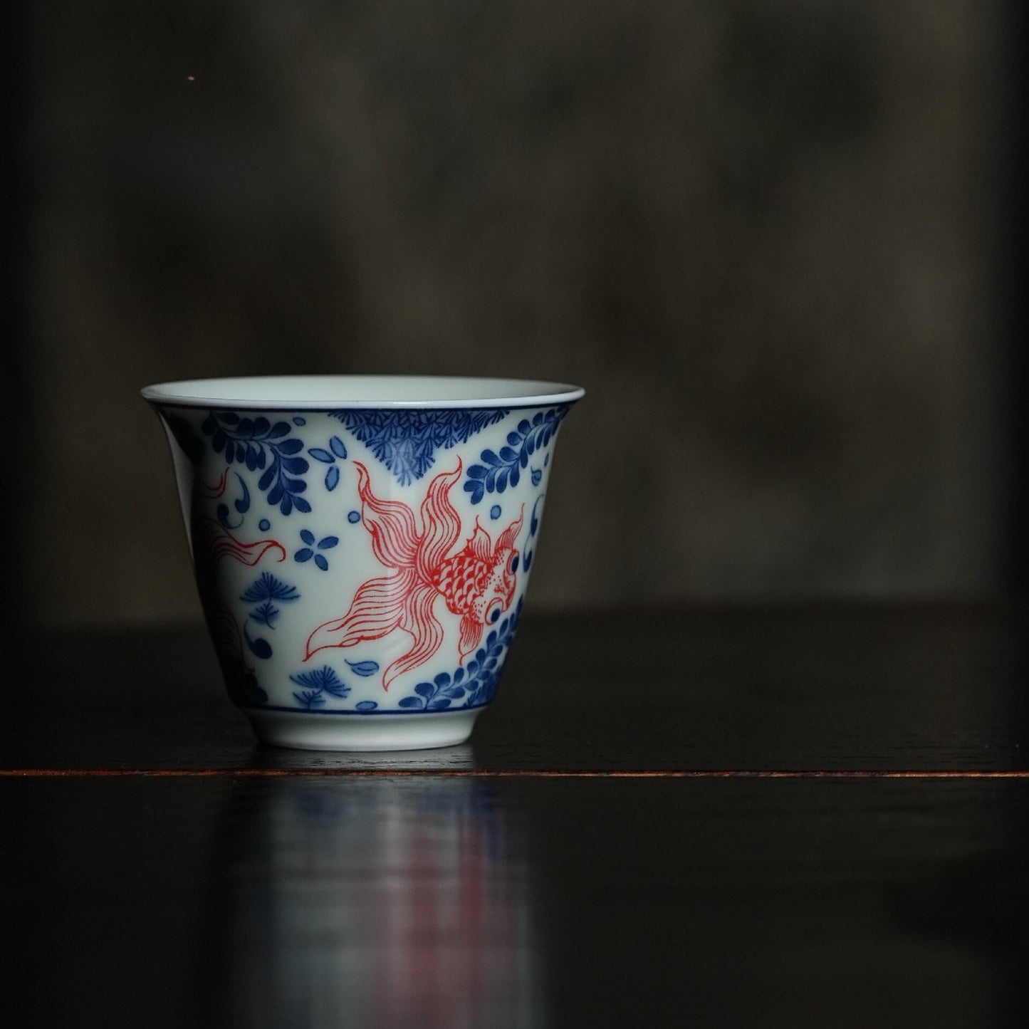 Blue and White Master Cups Underglazed Hand Painted Red Fish Lotus Teacup