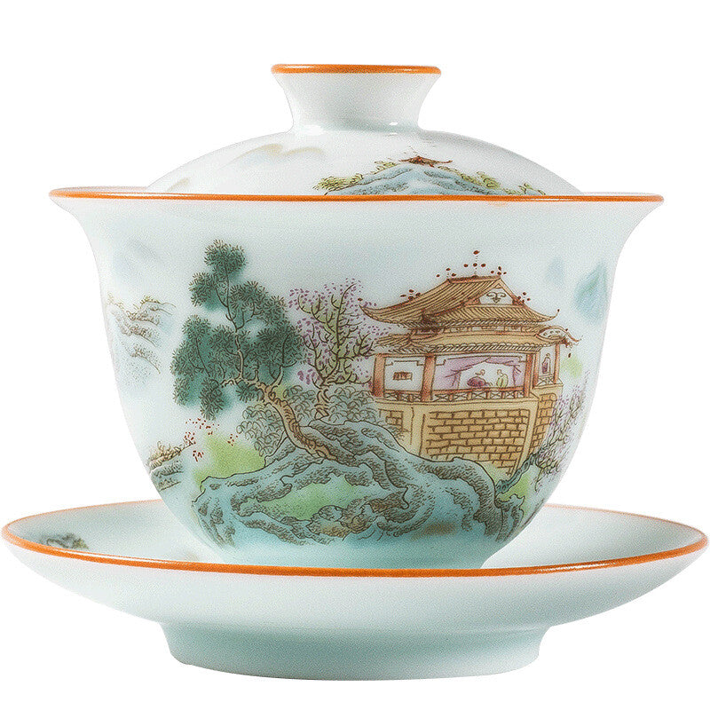 175ml Chinese Handpainted Porcelain Gaiwan Tureen Covered Bowl Coaster Tea Set