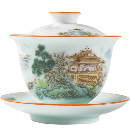 175ml Chinese Handpainted Porcelain Gaiwan Tureen Covered Bowl Coaster Tea Set