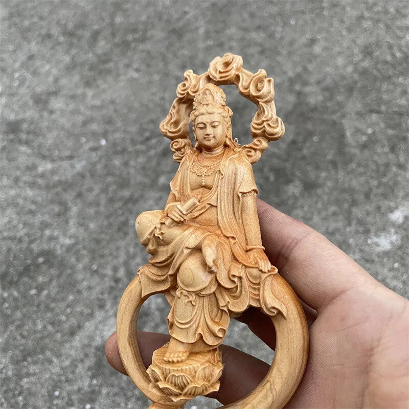 17*7.5*4.5cm Bodhis Wood Carving Auspicious Carving Buddhist Guanyin Figurine