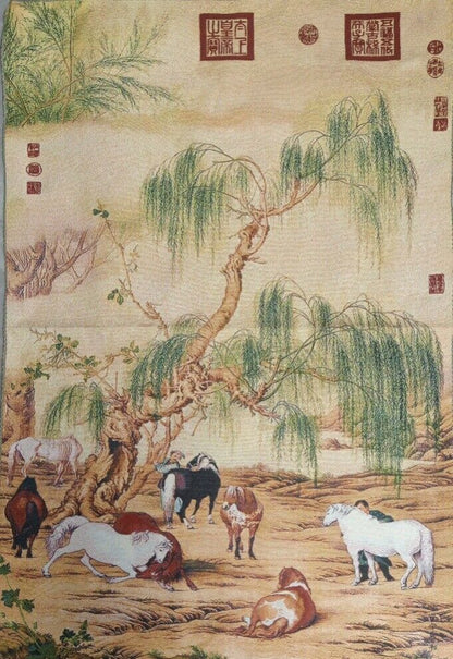 36" China Cloth Silk Eight Fine Horse Mural Wall Hanging Tapestry Meditation 八骏图