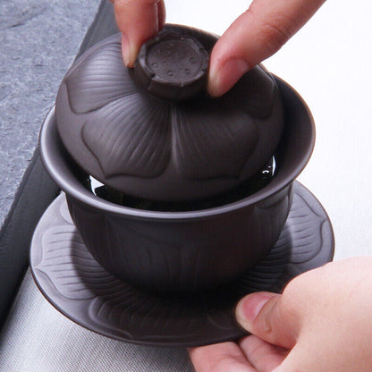 Chinese gaiwan zisha purple clay tureen lotus design cup bowl saucer with lid