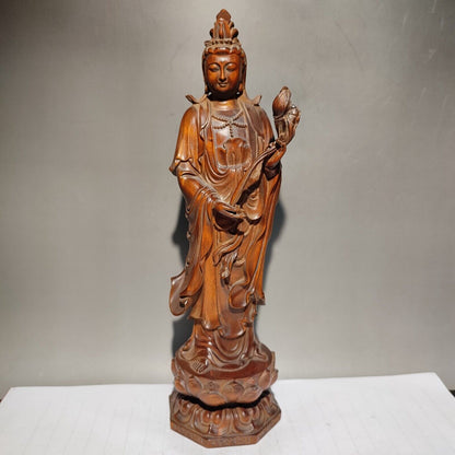 wooden fortune praying kwan yin guanyin quan statues wood sculpture decor lotus