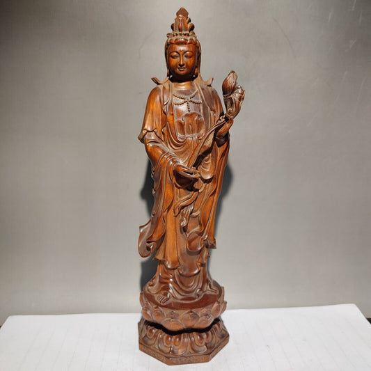 wooden fortune praying kwan yin guanyin quan statues wood sculpture decor lotus