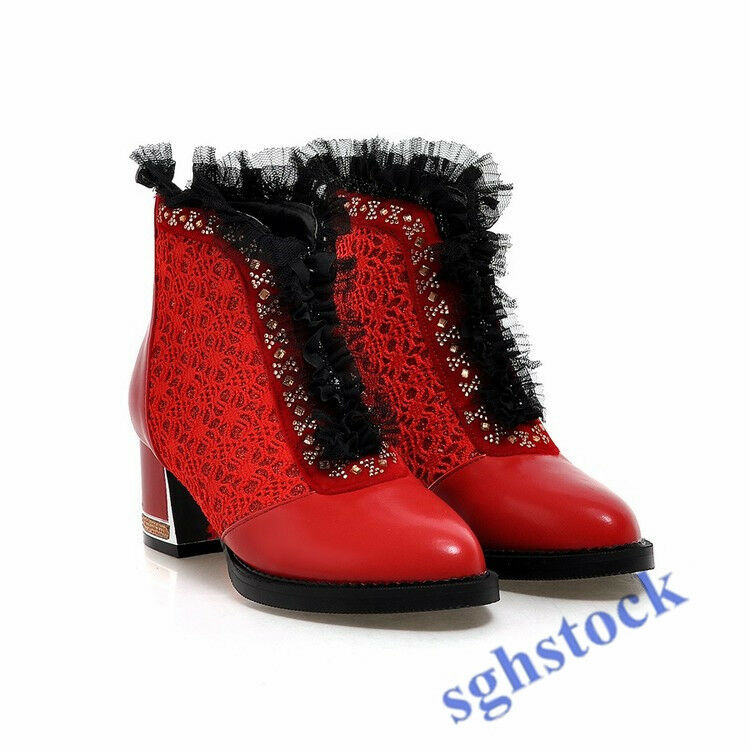 Womens Gladiator Low Block Heel shoes Ankle Boots Mesh Lace Crystal Zip Punk New