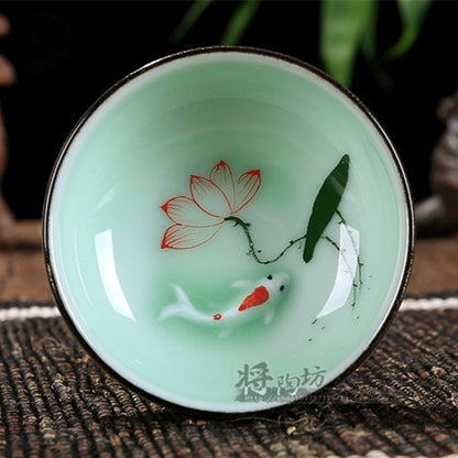Boutique Celadon Tea Cup Goldfish Four Seasons Lotus Design Ceramic Tea Set