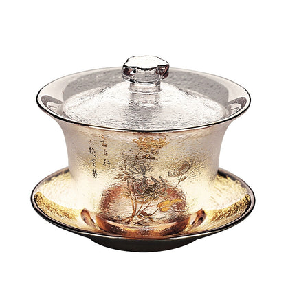 Creative Gaiwan Glass Tureen Sancai Bowl Cup Saucer Lid Teaware Floral Print New