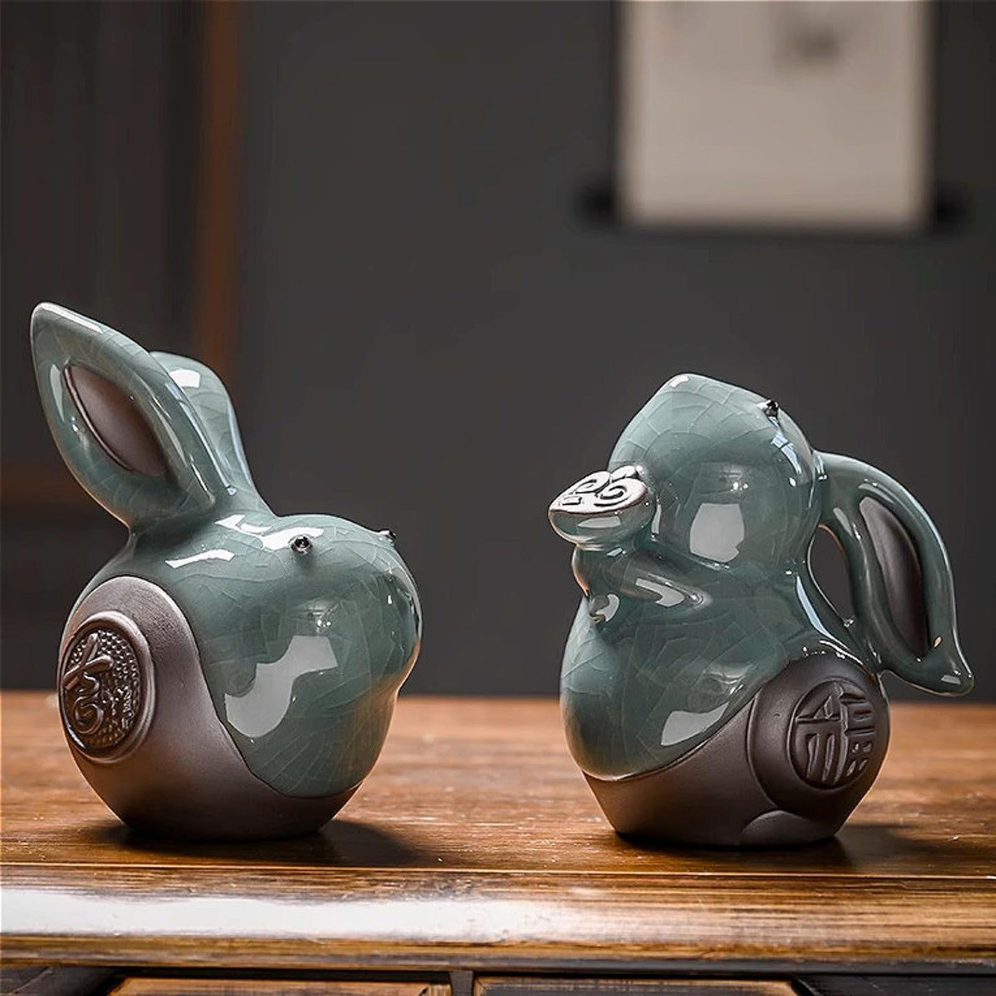 Two Rabbit Ruyao Ceramic Tea Pets 11cm Tea Play Kung Fu Tea Set Tray Decoration