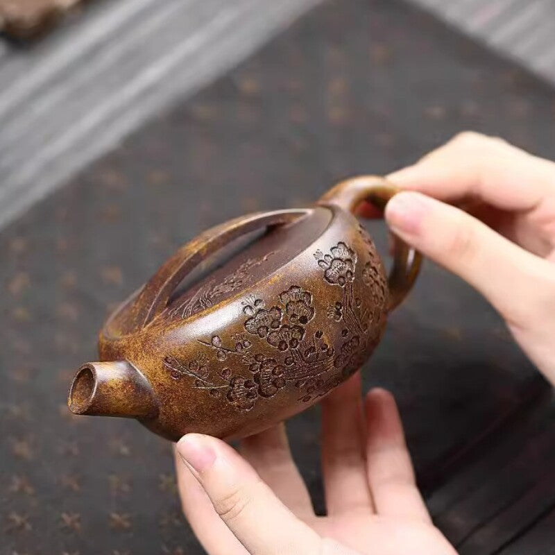 6.8oz Chinese Tea Pot Handmade Carved Real Yixing Zisha Pot Big Opening For Puer