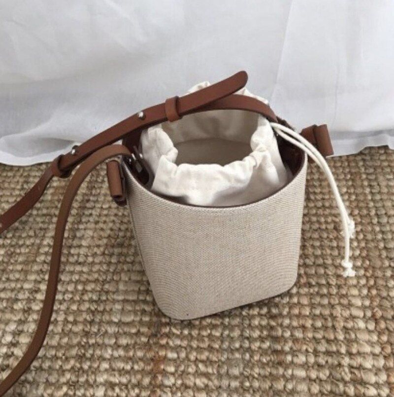 Canvas Leather Splicing Bucket Bag Contrast Small One-shoulder Crossbody Satchel