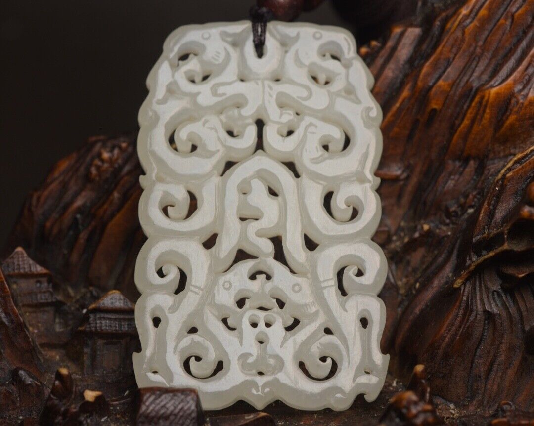 Chinese Natural Hetian Jade Carving Dragon Phoenix Lucky Jade Pendant Jewelry