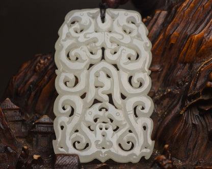 Chinese Natural Hetian Jade Carving Dragon Phoenix Lucky Jade Pendant Jewelry