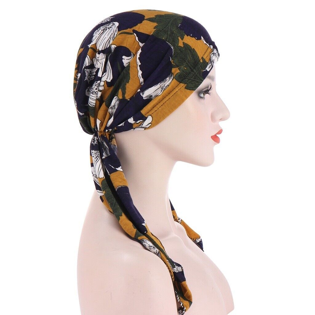 Women's Cancer Hat Chemo Cap Muslim Flower Print HeadWrap Long Head Scarf Turban