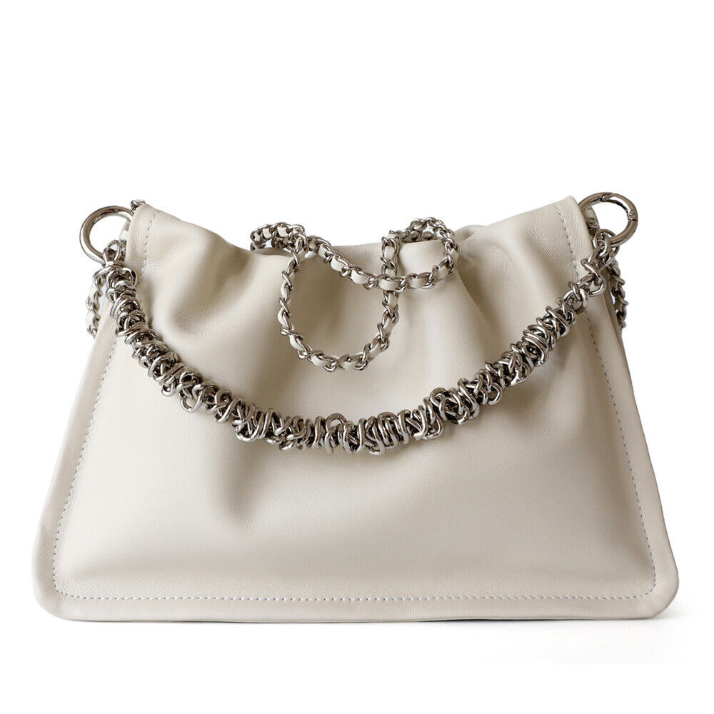 Small Real Leather Ruched Clutch Pouch Purse Tote Shoulder Bag Crossbody Chains