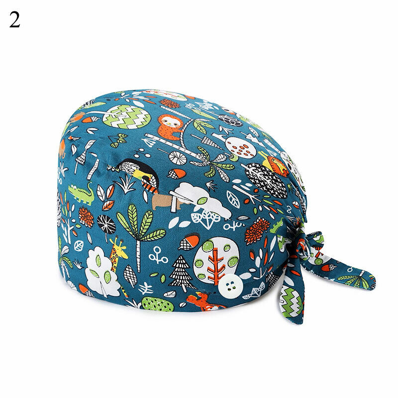 Unisex Surgical Scrub Cap Doctor Nurse Cotton Cartoon Adjustable Hats Buttons