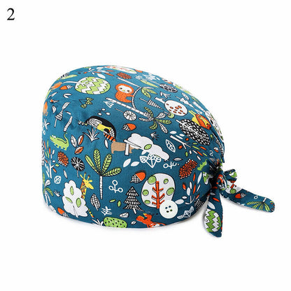 Unisex Surgical Scrub Cap Doctor Nurse Cotton Cartoon Adjustable Hats Buttons