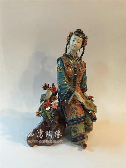 10" Wucai Porcelain Pottery Classic Beauty Women Lady Belle Happy Flower Statue