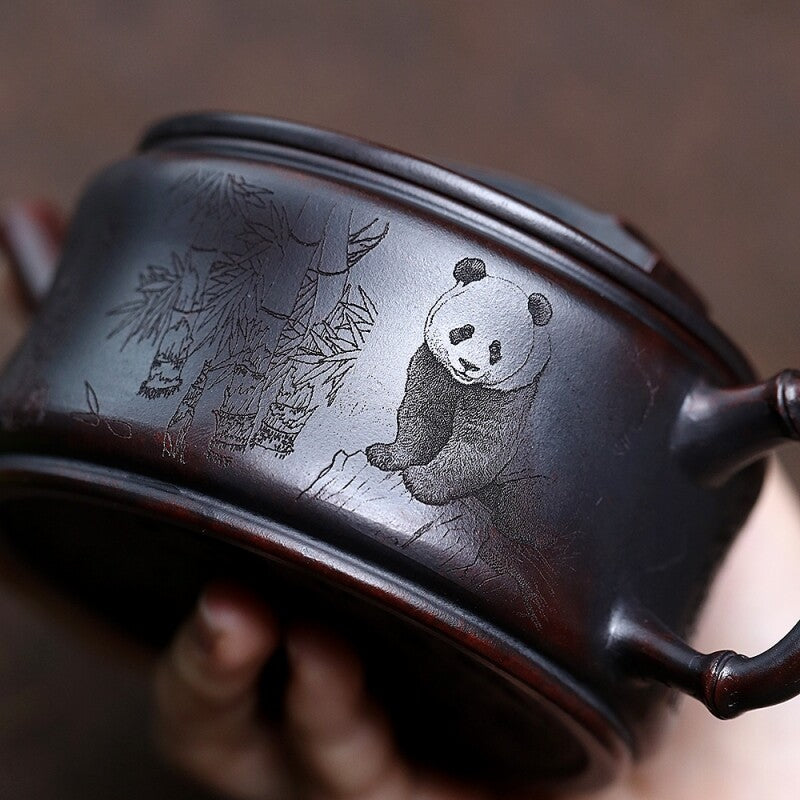 Handmade Tea Pot Panda Carved Real Yixing Zisha Clay Pot Ball Shaped Infuser New