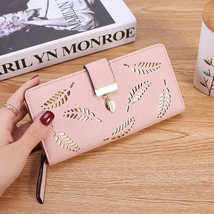 Fashion Hollow Leaf Wallet Casual Leather Pouch Zipper Card Bag Clutch Polyester