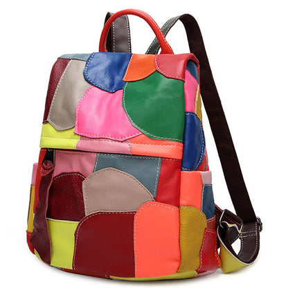 Sheepskin Leather Women's Colorful Blocks Patchwork Backpack Travel Bag Rucksack