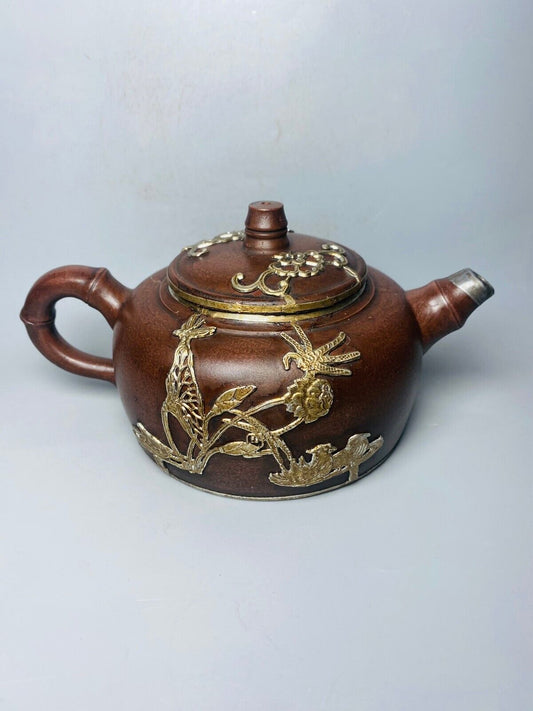 Chinese Yixing Zisha Clay Handmade Exquisite Teapot （ 包银鸳鸯 底款：民间艺人制）