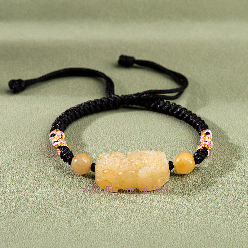 Certified Natural Yellow Jade Pixiu Hand Woven Peach Blossom Knot Bracelet
