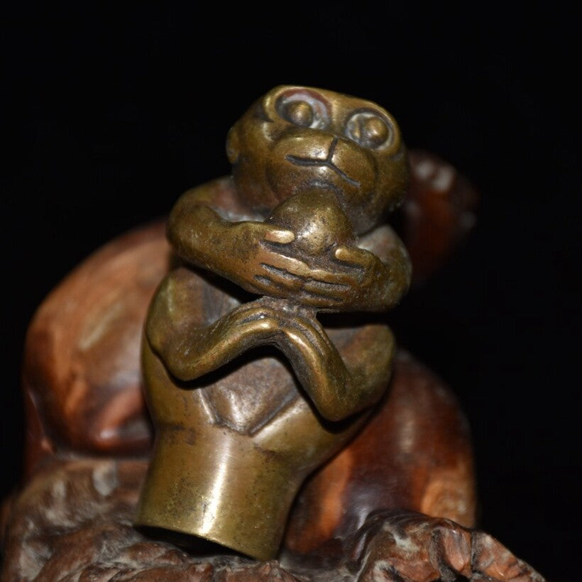 Exquisite Old Chinese copper handmade monkey head crutch head statue