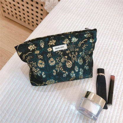 Retro Flower Print Cosmetic Bag Canvas Make Up Organizer Clutch Travel 5*27*18CM