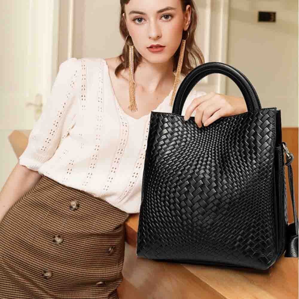 Fashion Bucket Bag Genuine Leather Handbag Purses Soft Casual Tote Bags Cotton