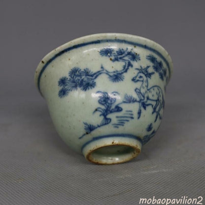 Chinese Crafts Ming Blue 3.15 Inch White Porcelain Deer Crane Design Teacup Cup