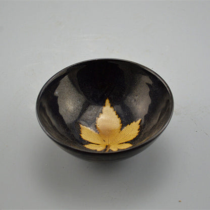 Black Glazed Maple Leaf Tea Bowl and Ancient Porcelain Collection Ornaments