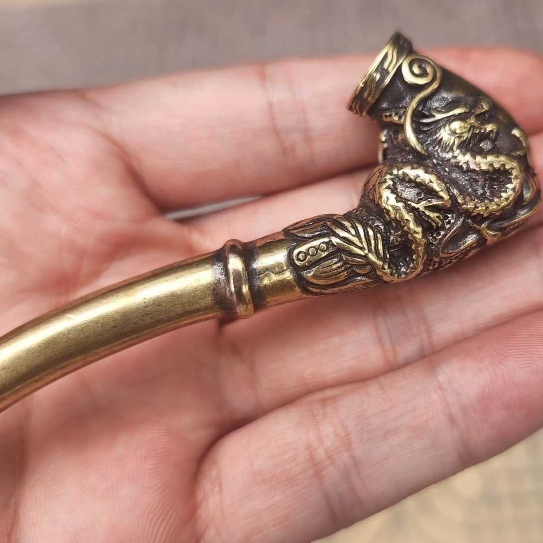 Vintage Brass Dragon Head Pipe | 10cm Mini Cigarette Holder (Metal Craft Gift)