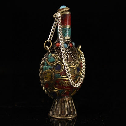 Vintage Nepal Handmade Copper Snuff Bottle Gemstone Inlaid Chinese Collectible