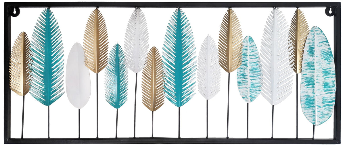 3-Foot Turquoise, Gold, & White Leaves Hanging Metal 3D Wall Decoration, 36"×15"