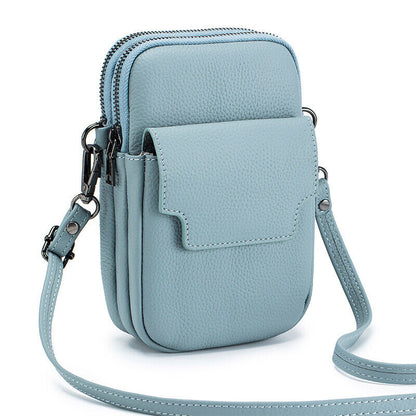 Women's Genuine Leather Double-Layer Zipper Phone BagShoulder Bag Crossbody Bag